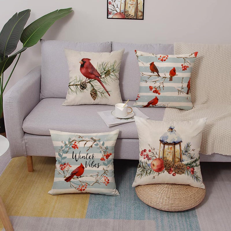 Fjfz Winter Vibes Cardinal Red Birds Decorative Throw Pillow Cover 18x18 Set of 4  Berry Wreath Pine Cones Kerosene Lamp Home Christmas Decoration  Snow Farmhouse Cushion Case for Sofa Couch Decors - Image 4